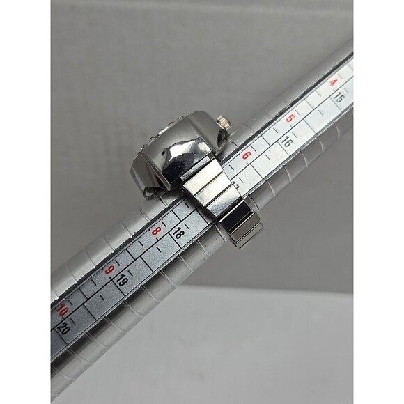 Bozhi Womens Ring Watch Silver Rhinestone Bezel Quartz New Battery Stretch Band